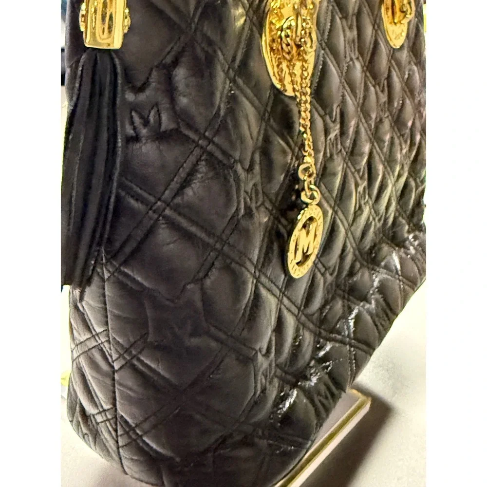 Metrocity Black Quilted Leather‎ Tote Bag Gold Hardware Logo Charm Shoulder Bag